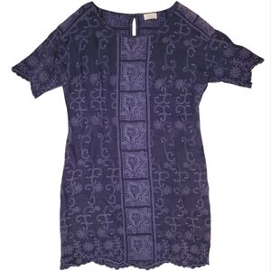 Wrap London 100% Linen Embroidered Peasant Lagenlook Blue Shift Dress US Size 8